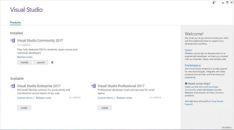 Visual Studio installation complete