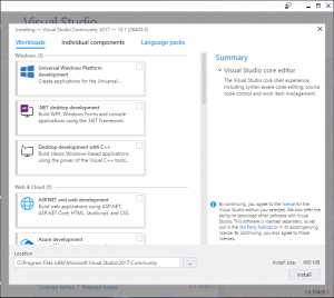 Select Visual Studio features