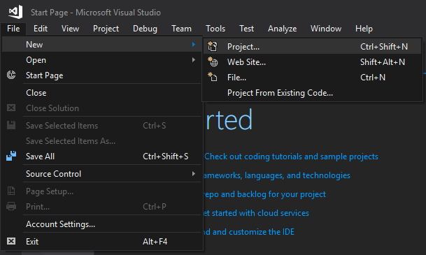 Visual Studio New Project menu