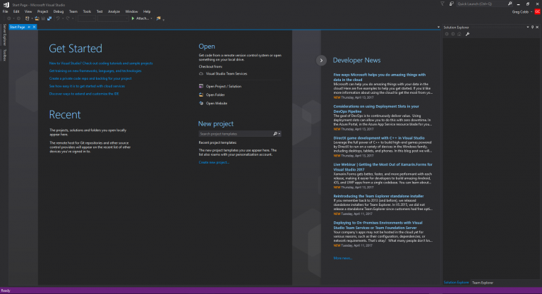 Visual Studio Start Page